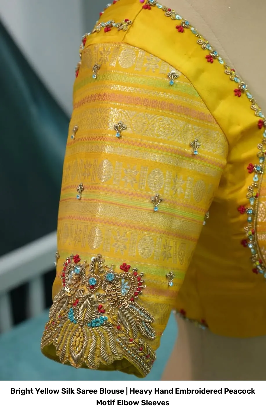 Bright Yellow Silk Saree Blouse | Heavy Hand Embroidered Peacock Motif Elbow Sleeves 3