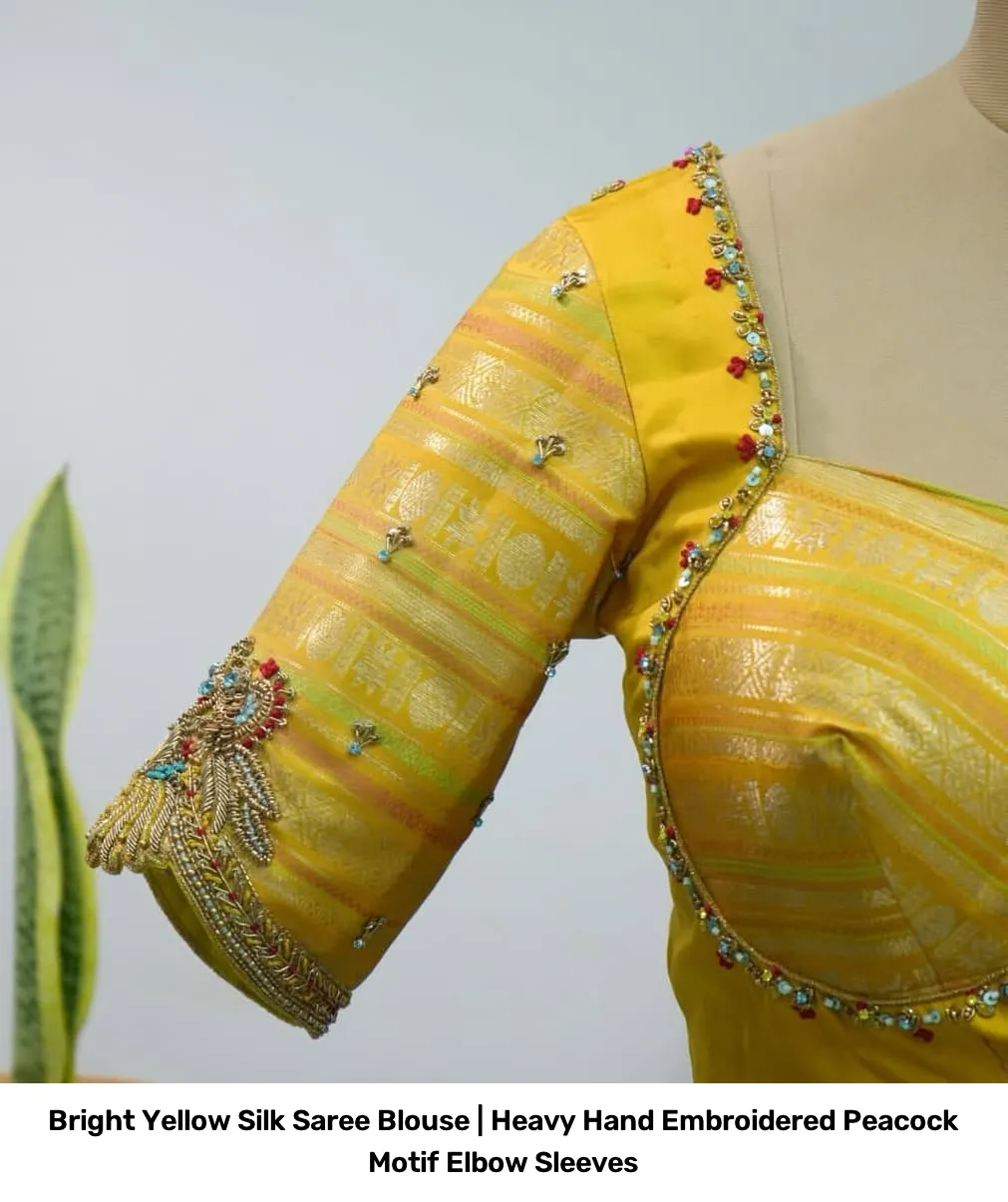 Bright Yellow Silk Saree Blouse | Heavy Hand Embroidered Peacock Motif Elbow Sleeves 4