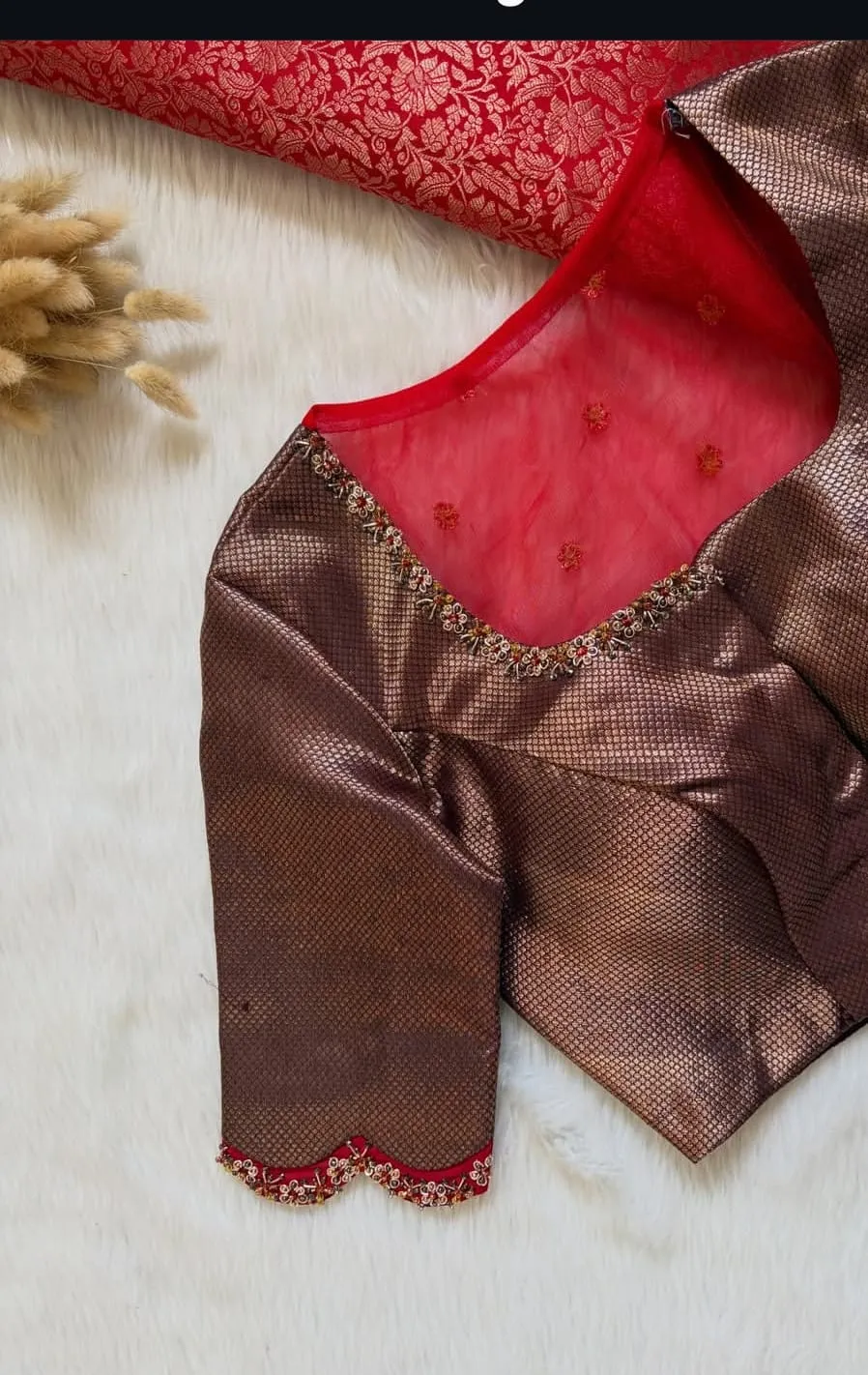 Bronze Metallic Brocade Blouse | Illusion Sheer Red Net Neckline & Scalloped Embroidered Sleeve Saree Blouse 1