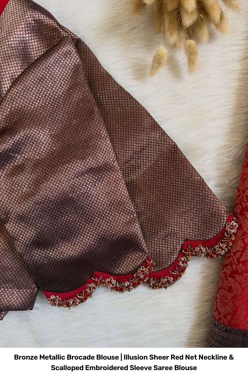 Bronze Metallic Brocade Blouse | Illusion Sheer Red Net Neckline & Scalloped Embroidered Sleeve Saree Blouse 2