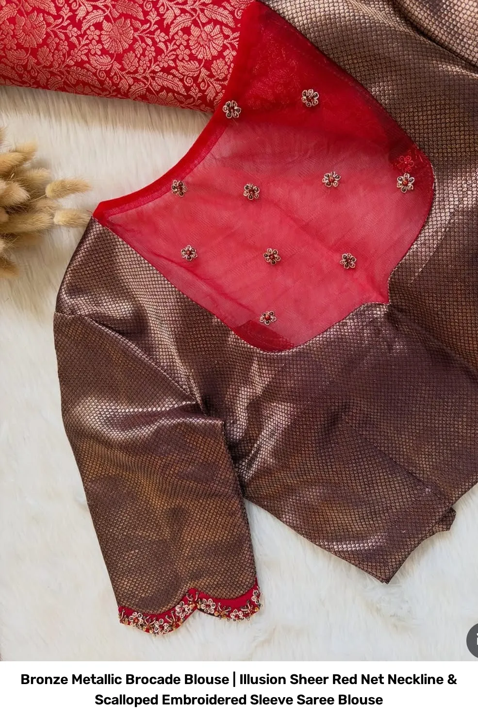 Bronze Metallic Brocade Blouse | Illusion Sheer Red Net Neckline & Scalloped Embroidered Sleeve Saree Blouse 3