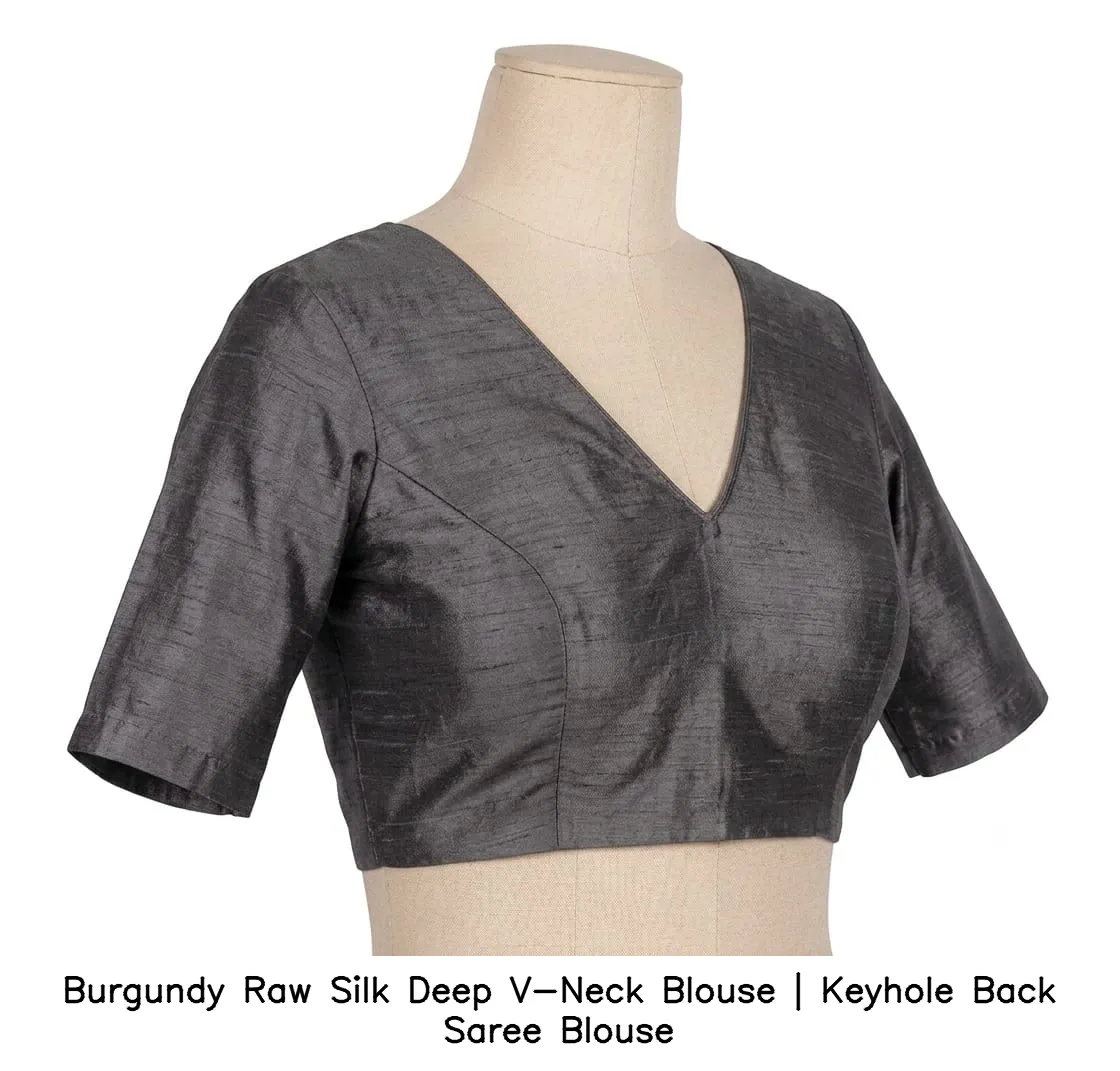 Burgundy Raw Silk Deep V-Neck Blouse | Keyhole Back Saree Blouse 2
