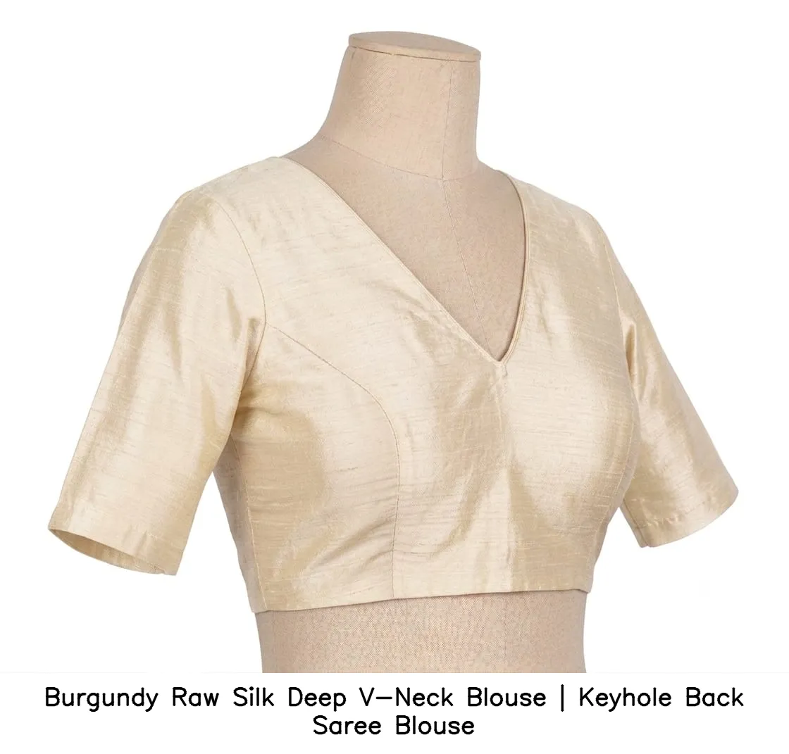 Burgundy Raw Silk Deep V-Neck Blouse | Keyhole Back Saree Blouse 3