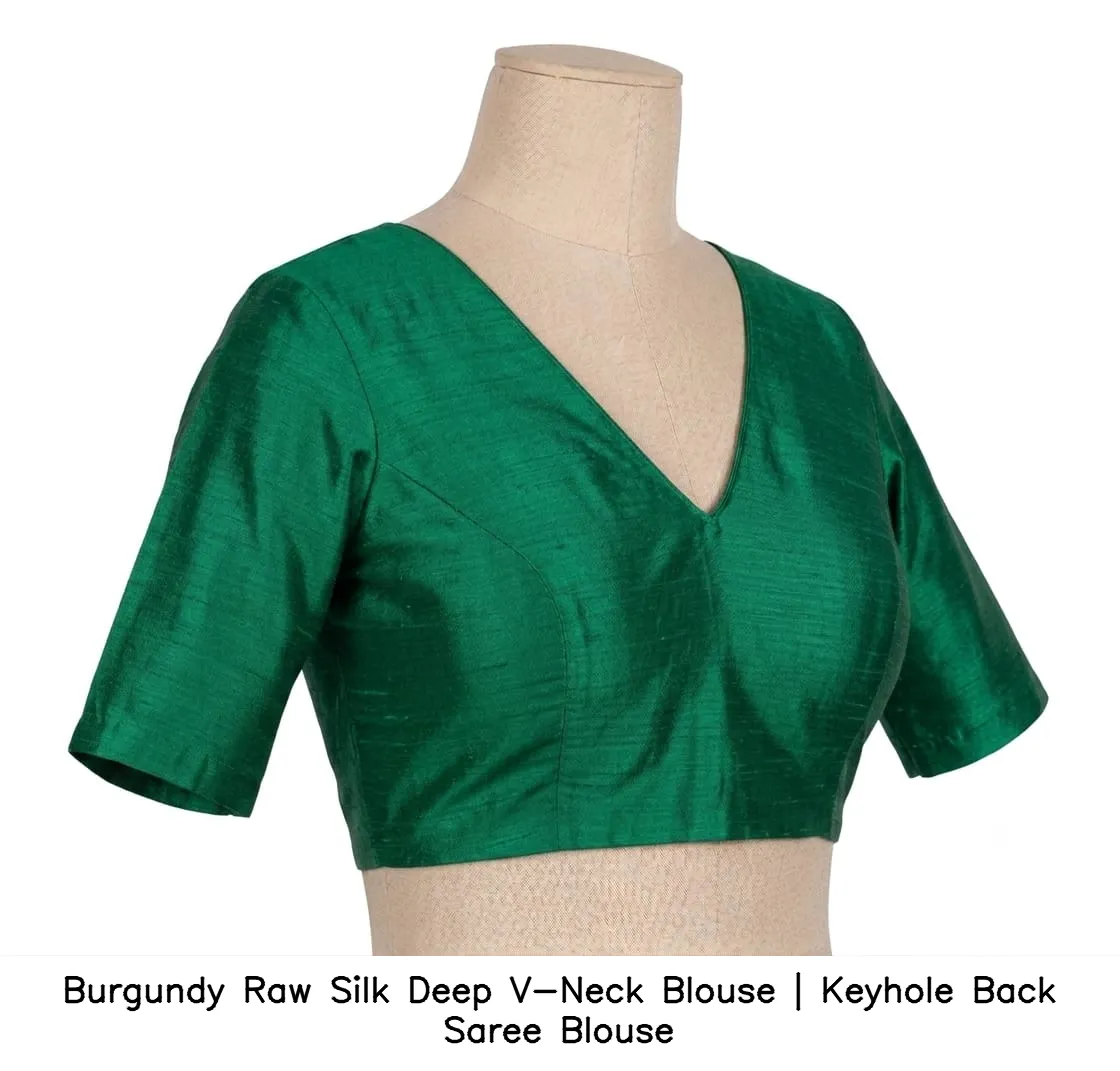 Burgundy Raw Silk Deep V-Neck Blouse | Keyhole Back Saree Blouse 5