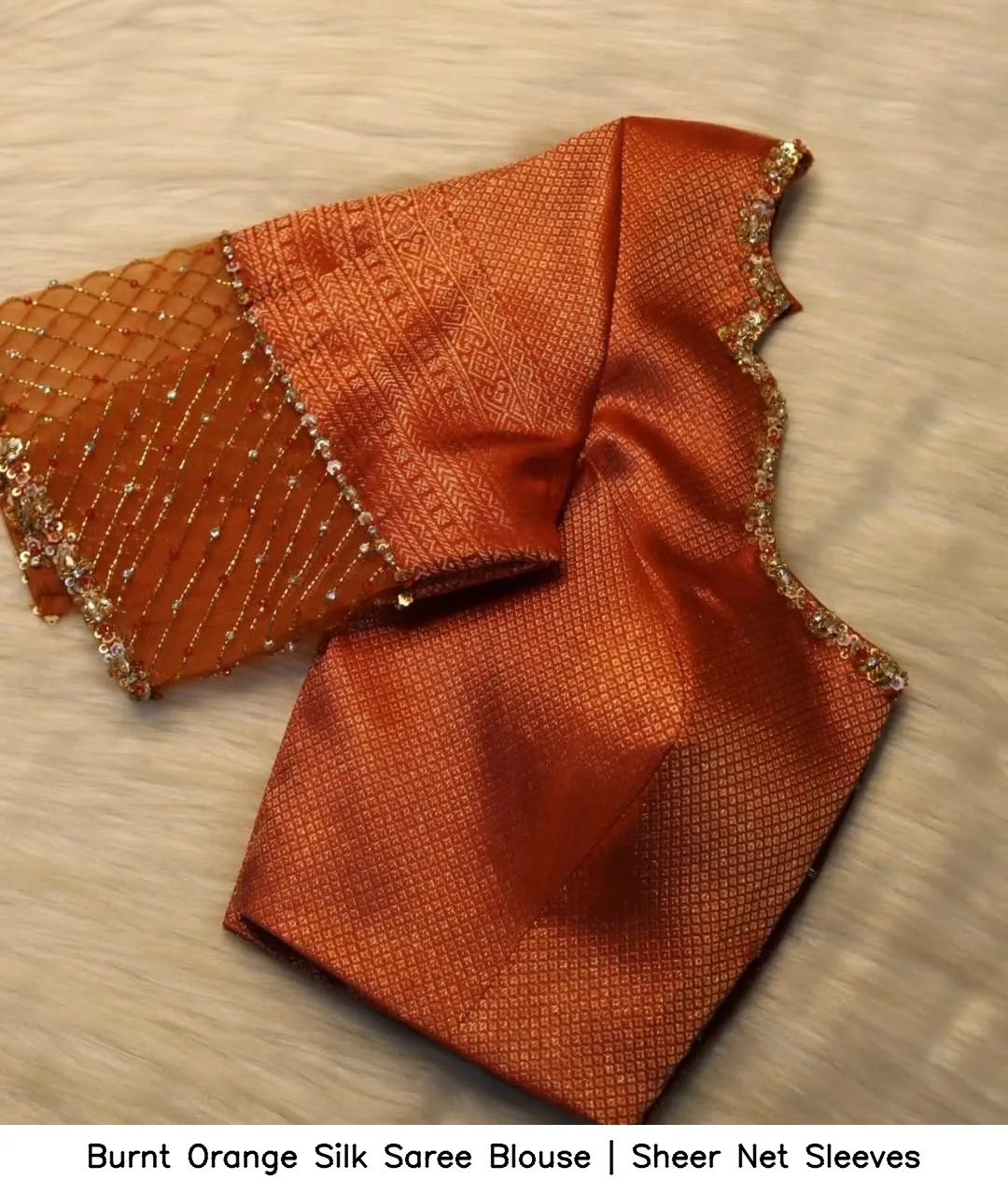 Burnt Orange Silk Saree Blouse | Sheer Net Sleeves 2