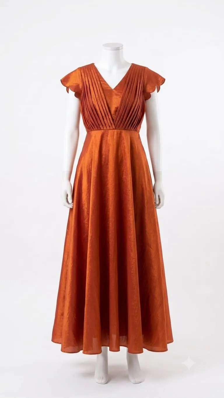 Buy Rust Orange Pleated V-Neck Maxi Dress Online | Fast Shipping