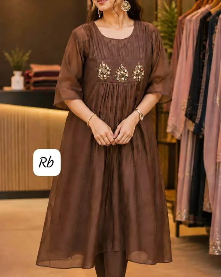 Chanderi Silk Pleated Anarkali Kurti | Handcrafted Yoke Zardosi & Mirror Embroidered Flared Long Kurta