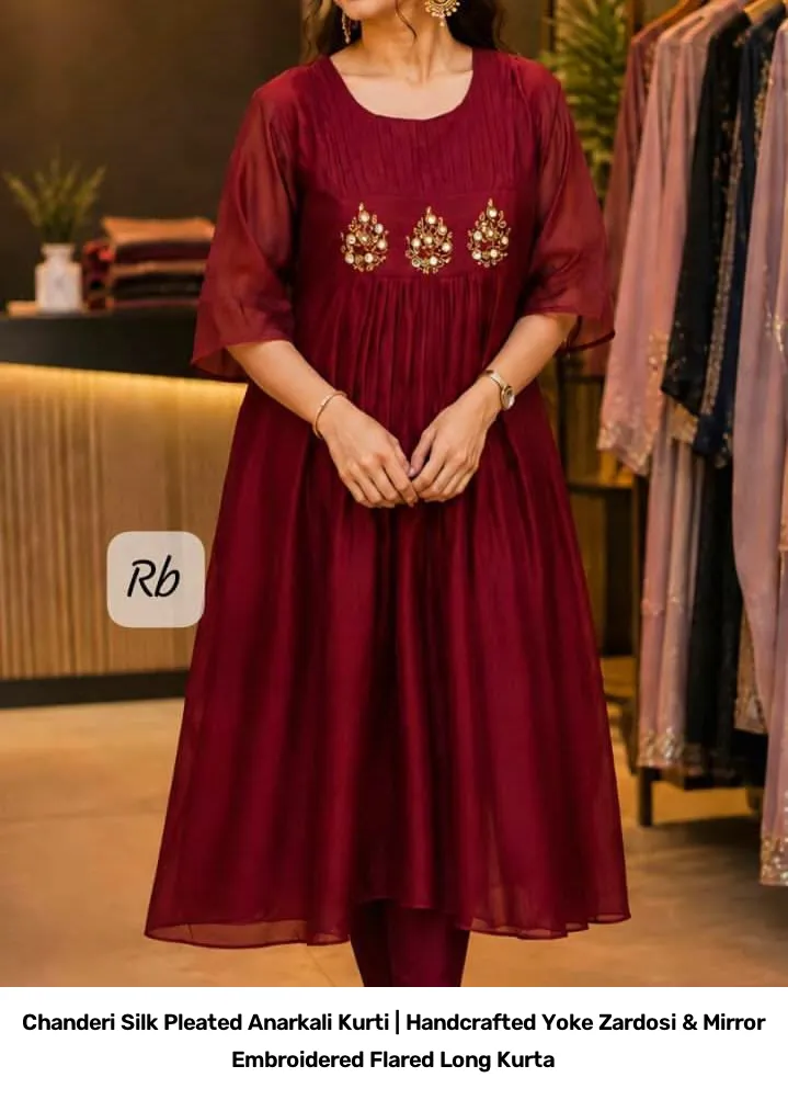 Chanderi  Silk Pleated Anarkali Kurti | Handcrafted Yoke Zardosi & Mirror Embroidered Flared Long Kurta 2