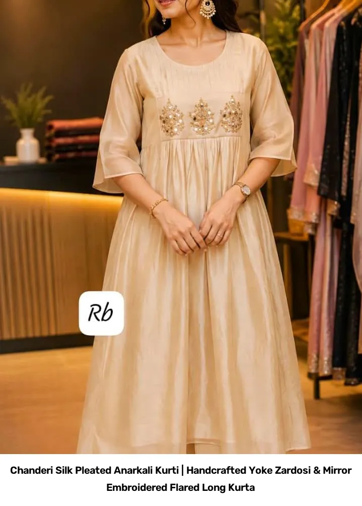 Chanderi  Silk Pleated Anarkali Kurti | Handcrafted Yoke Zardosi & Mirror Embroidered Flared Long Kurta 3
