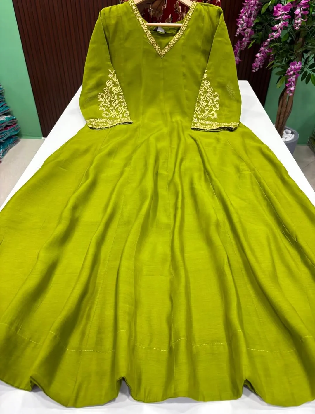 Chanderi Silk V-Neck Anarkali Gown | Hand Embroidered Frock