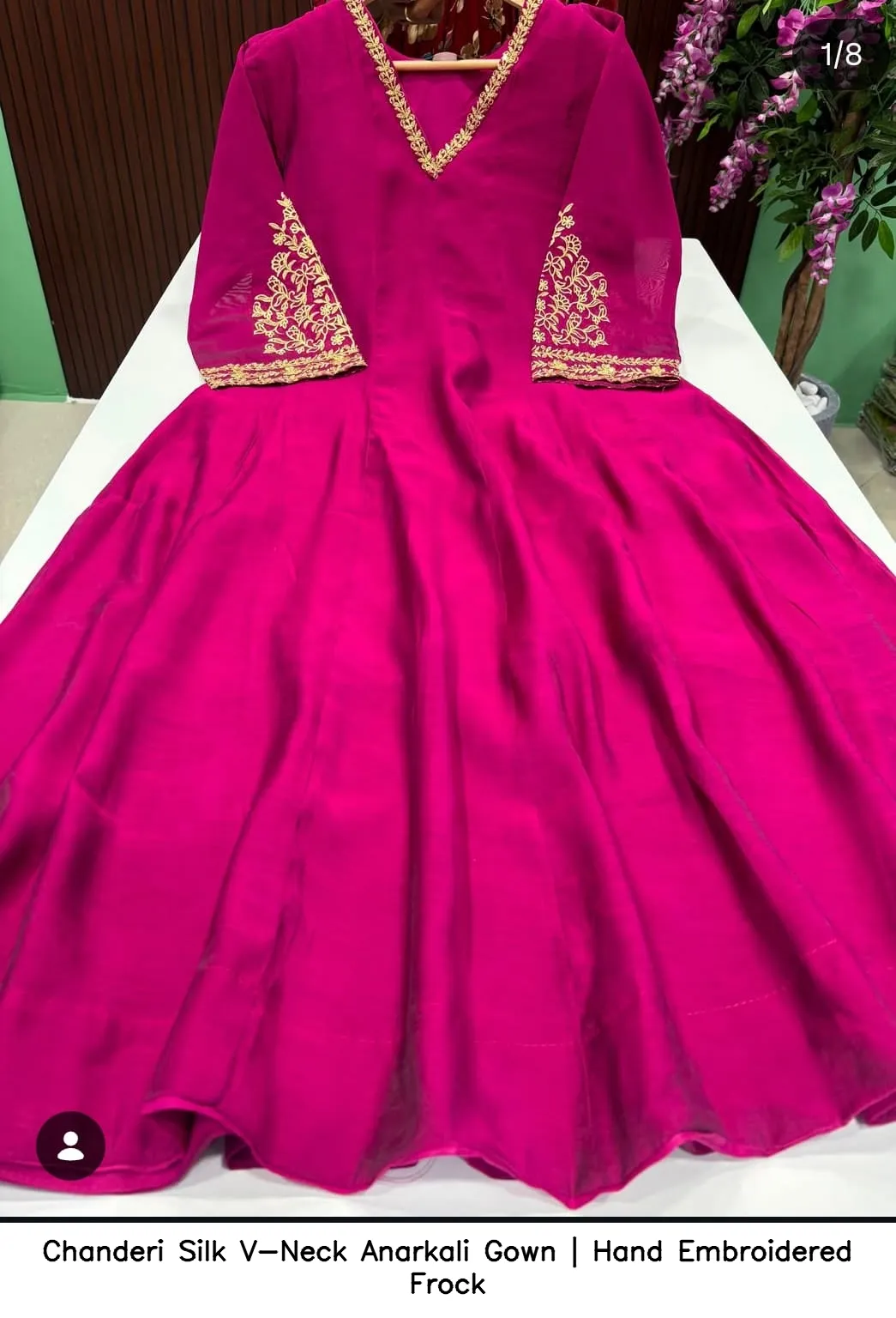 Chanderi Silk V-Neck Anarkali Gown | Hand Embroidered Frock 2