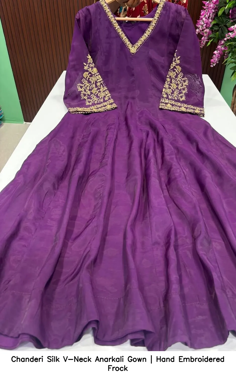 Chanderi Silk V-Neck Anarkali Gown | Hand Embroidered Frock 3