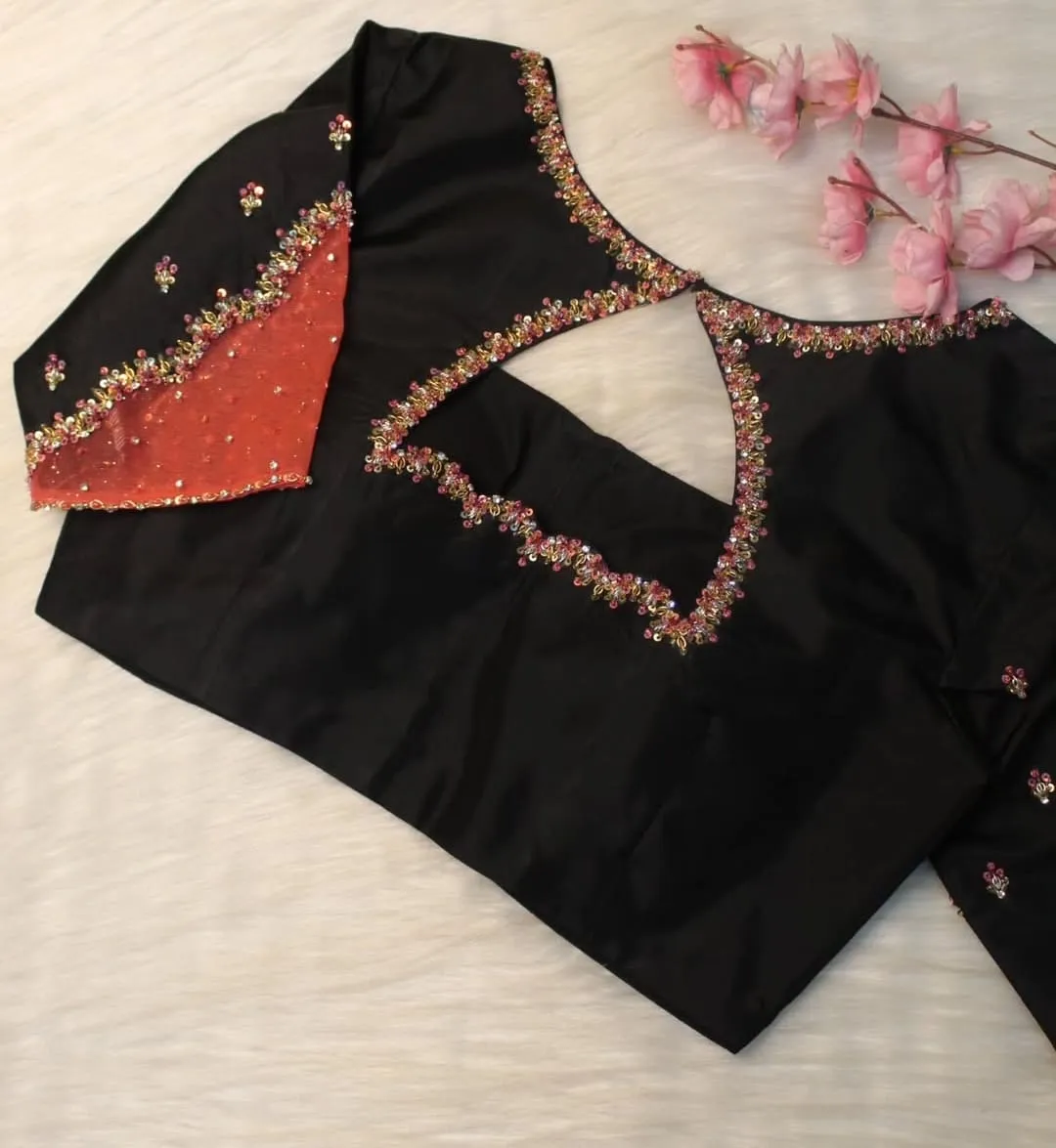 Chic Black Blouse – Sequin Beaded Trim & Sheer Net Sleeve Detail | Customizable Size & Colour | Perfect for Parties & Evening Wear 1