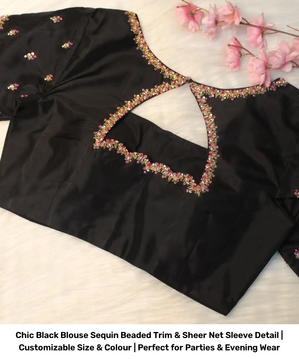 Chic Black Blouse – Sequin Beaded Trim & Sheer Net Sleeve Detail | Customizable Size & Colour | Perfect for Parties & Evening Wear 2