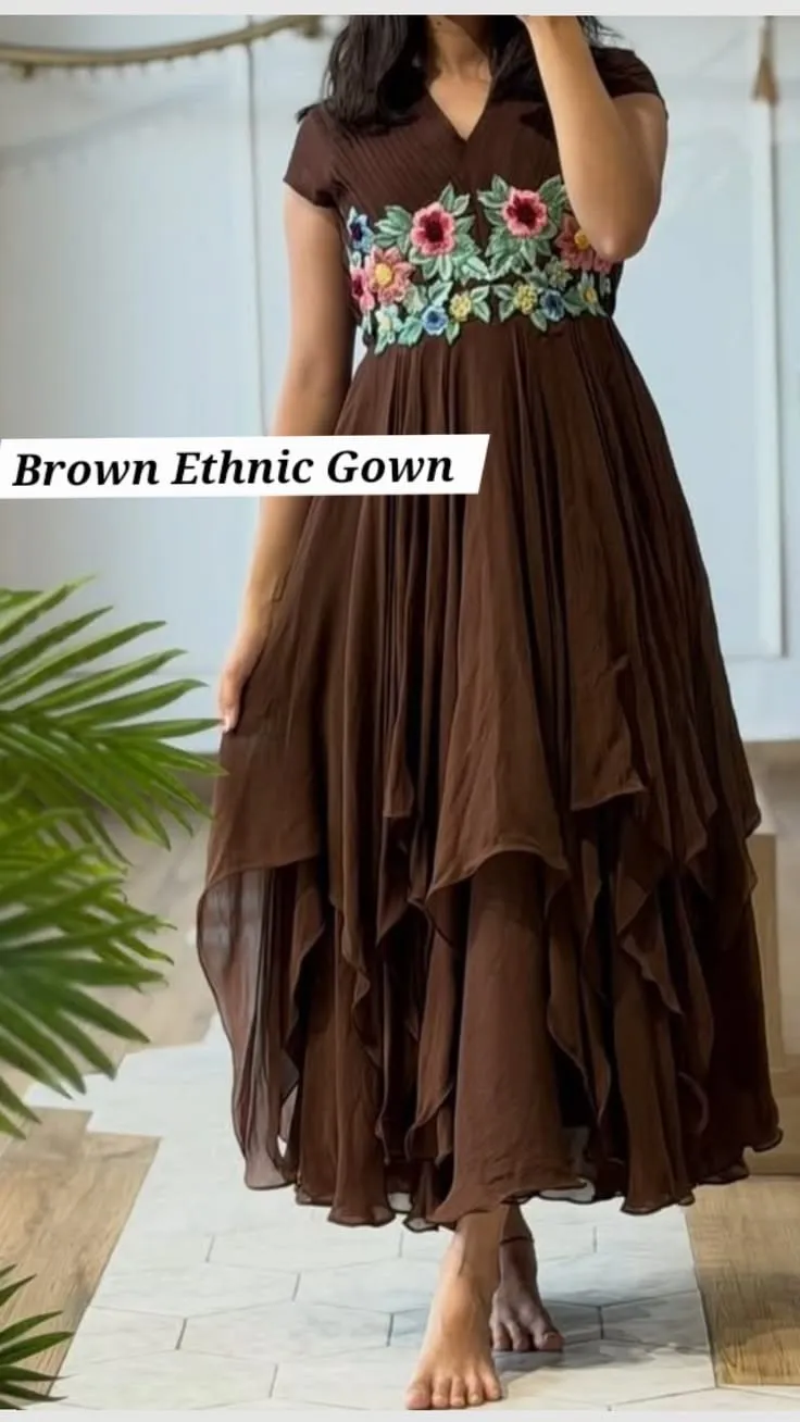 Chocolate Brown Georgette Tiered Ethnic Gown with Floral Waistband Embroidery | Party Wear