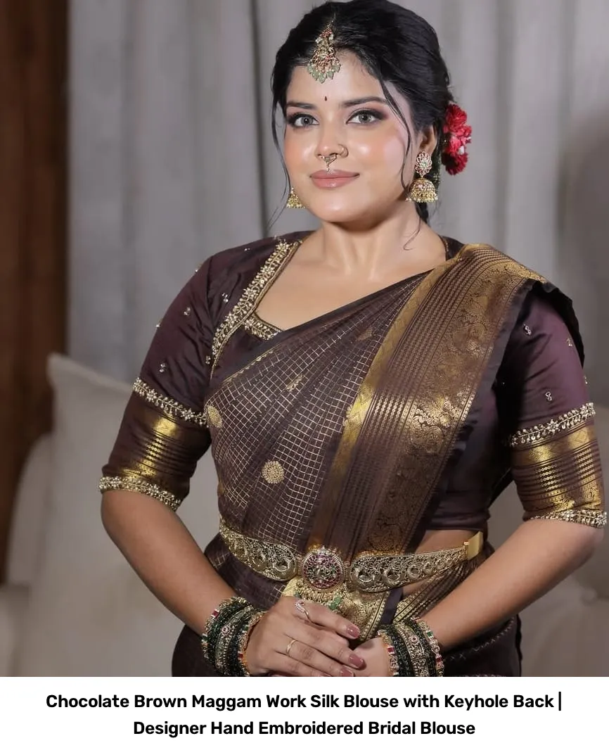 Chocolate Brown Maggam Work Silk Blouse with Keyhole Back | Designer Hand Embroidered Bridal Blouse 2