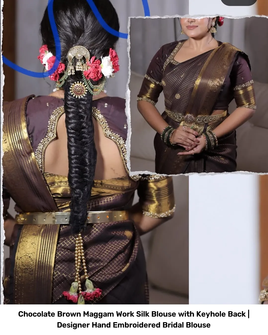 Chocolate Brown Maggam Work Silk Blouse with Keyhole Back | Designer Hand Embroidered Bridal Blouse 3
