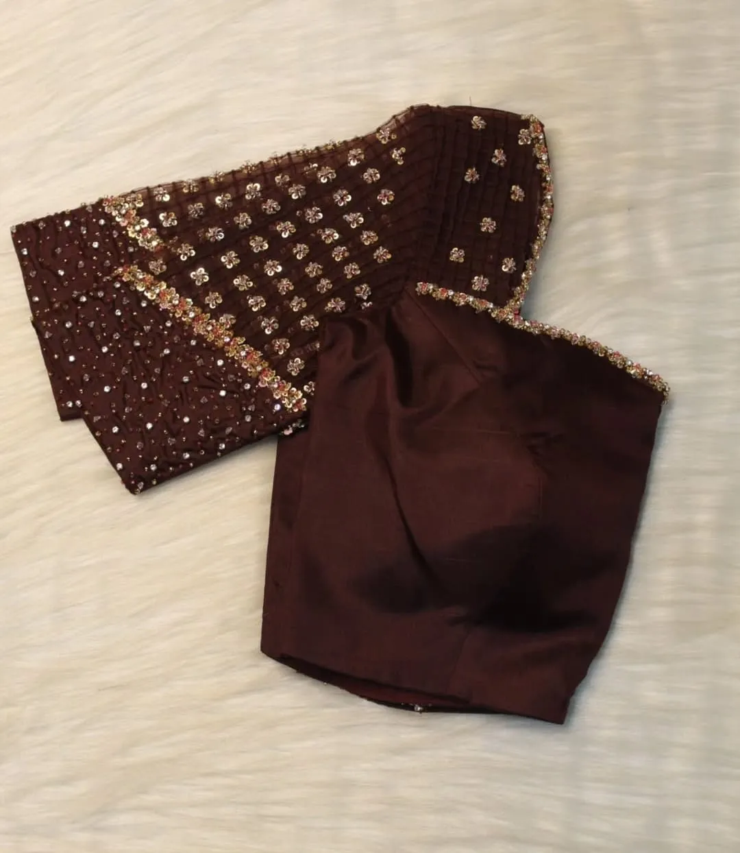 Chocolate Brown Silk Blouse with Pleated Front & Sequin Embroidered Net Sleeves