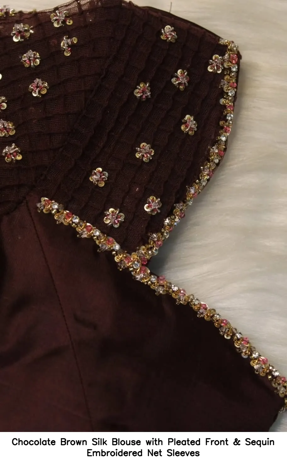 Chocolate Brown Silk Blouse with Pleated Front & Sequin Embroidered Net Sleeves 2