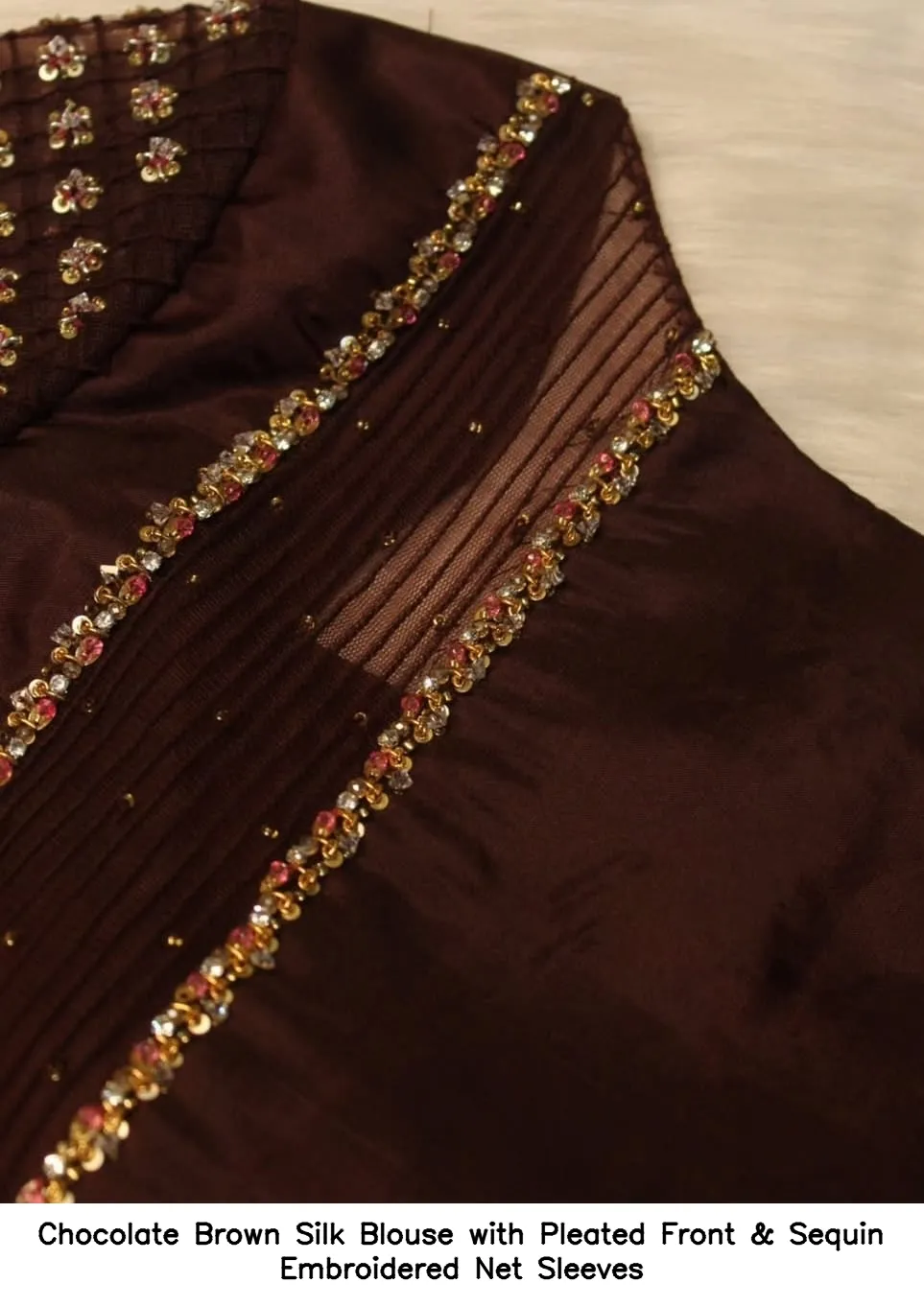 Chocolate Brown Silk Blouse with Pleated Front & Sequin Embroidered Net Sleeves 3