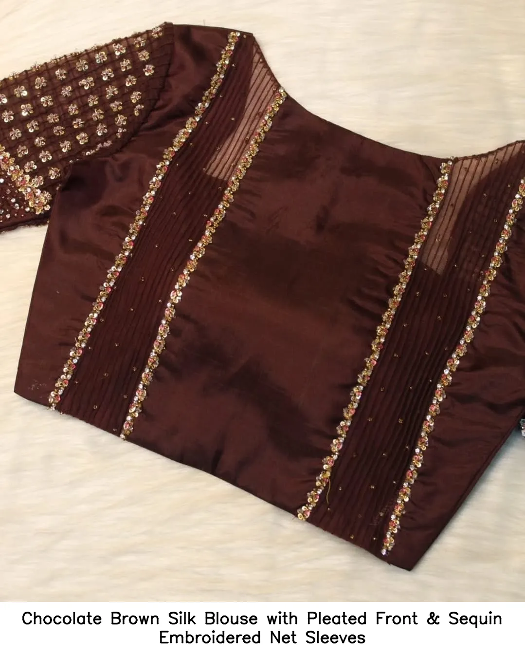 Chocolate Brown Silk Blouse with Pleated Front & Sequin Embroidered Net Sleeves 4