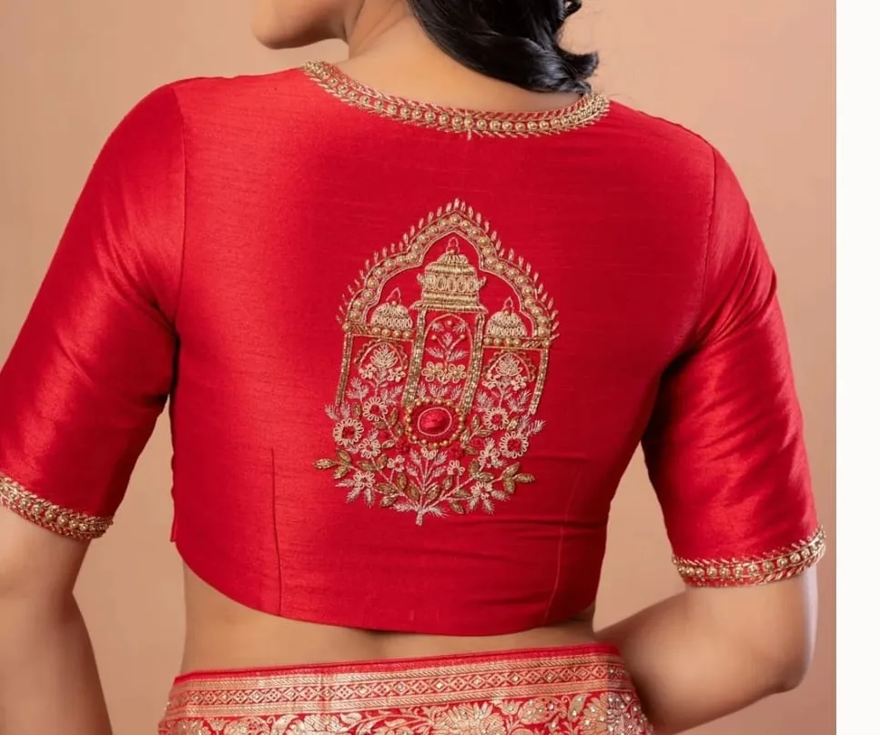 Classic Red Raw Silk Aari Work Blouse with Temple Arch Motif & Oval Keyhole Back | Designer Saree Blouse 1