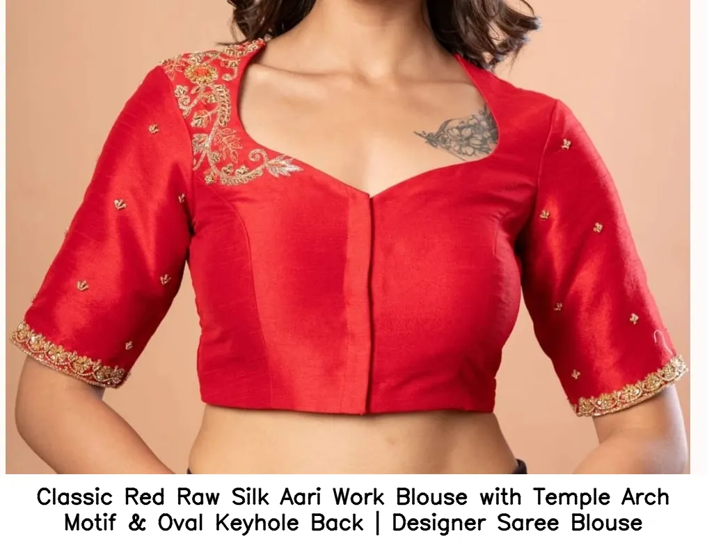 Classic Red Raw Silk Aari Work Blouse with Temple Arch Motif & Oval Keyhole Back | Designer Saree Blouse 4