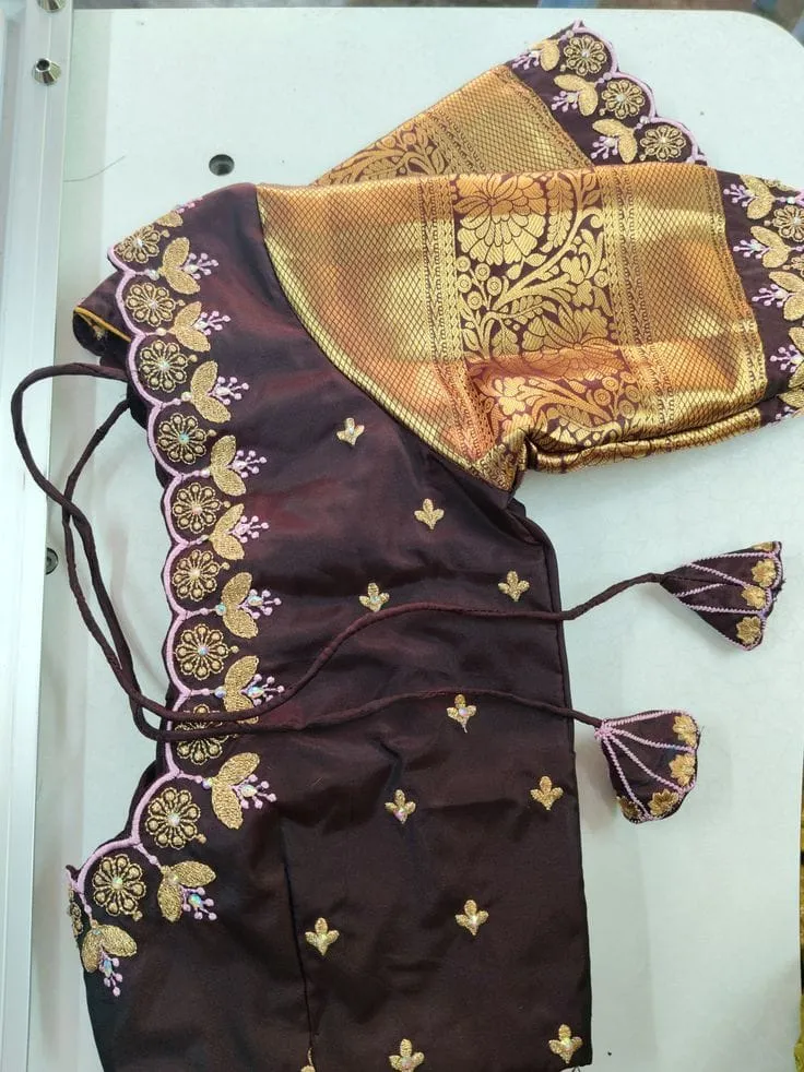 Coffee Brown Silk Computer Embroidery Blouse | Gold Scallop Cutwork Machine Work Saree Blouse with Kanchi Zari Sleeve & Latkans 1