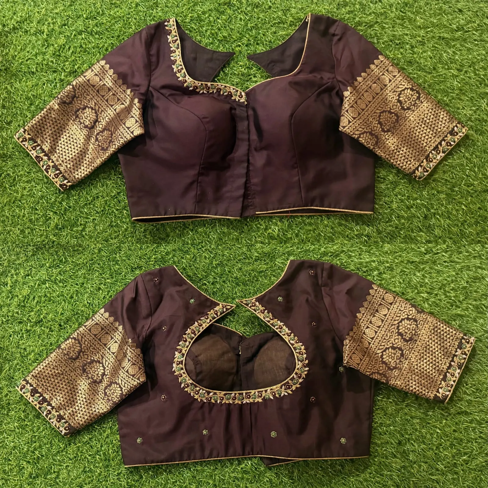 Coffee Brown Silk Saree Blouse | Heavy Gold Brocade Border Sleeves & Cutout Back Aari Work Blouse