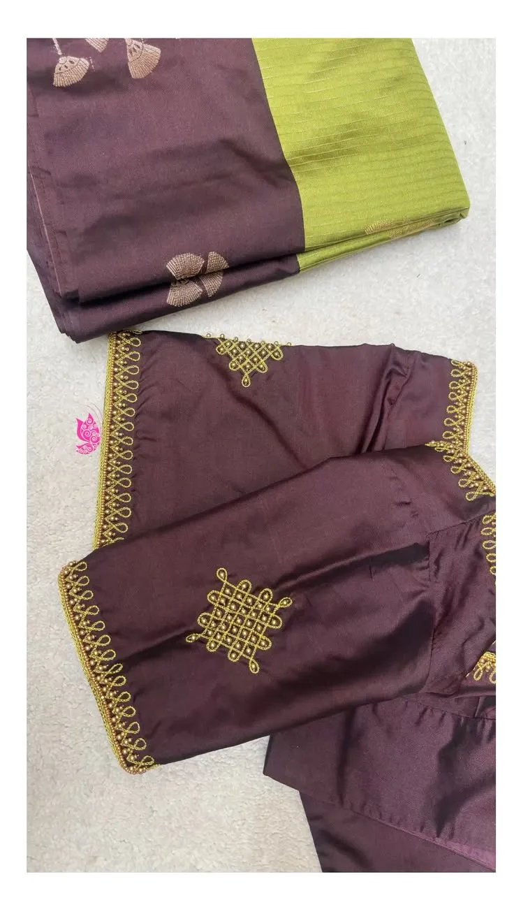 Coffee Brown Silk Saree Blouse with Gold Zari Motif Embroidery | Simple Maggam Work Festive Blouse