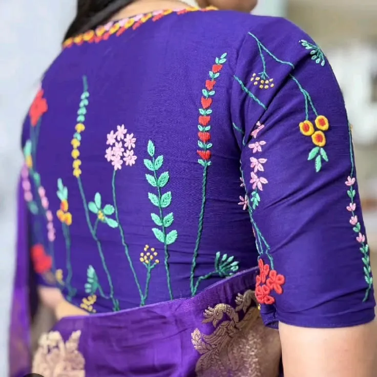Computer machine Embroidered Purple Raw Silk Blouse | Wildflower & Floral Vine Thread Work Readymade Saree Blouse