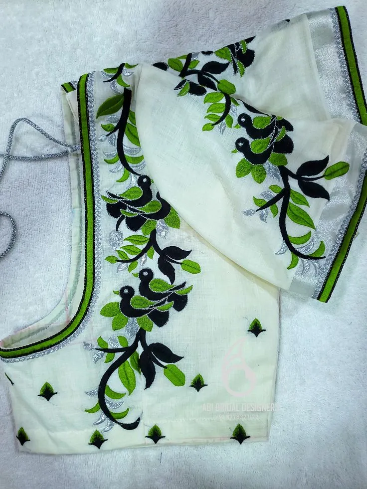 Computerized Machine Embroidery White Saree Blouse – Green & Black Bird Vine Neck & Sleeve Design