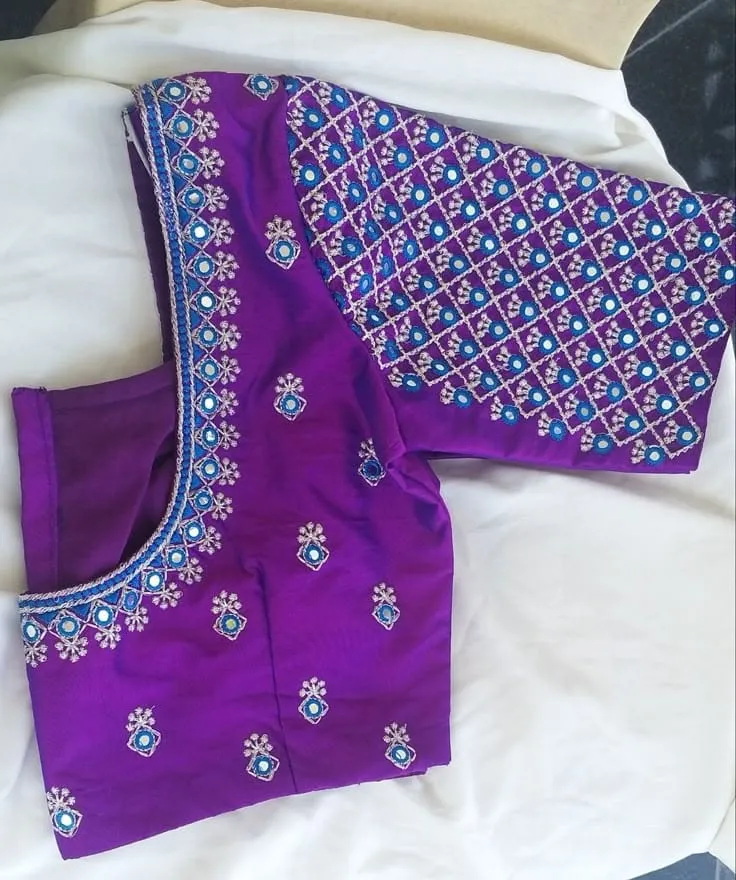 Computerized Machine Embroidery Work Violet Silk Blouse – Heavy Grid Mirror Sleeve & Floral Neck Desig 1
