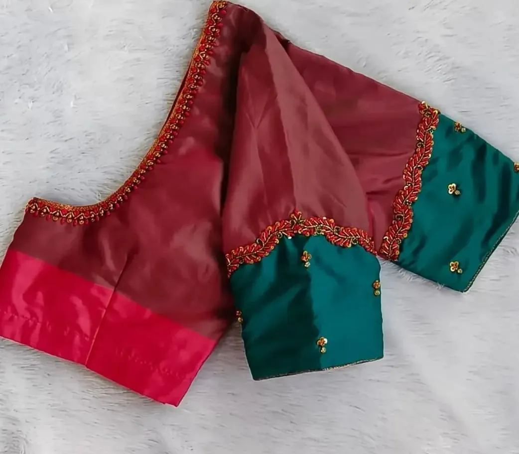 Contrast Sleeve Maggam Work Maroon Blouse | Custom Bridal Silk Saree Blouse Online