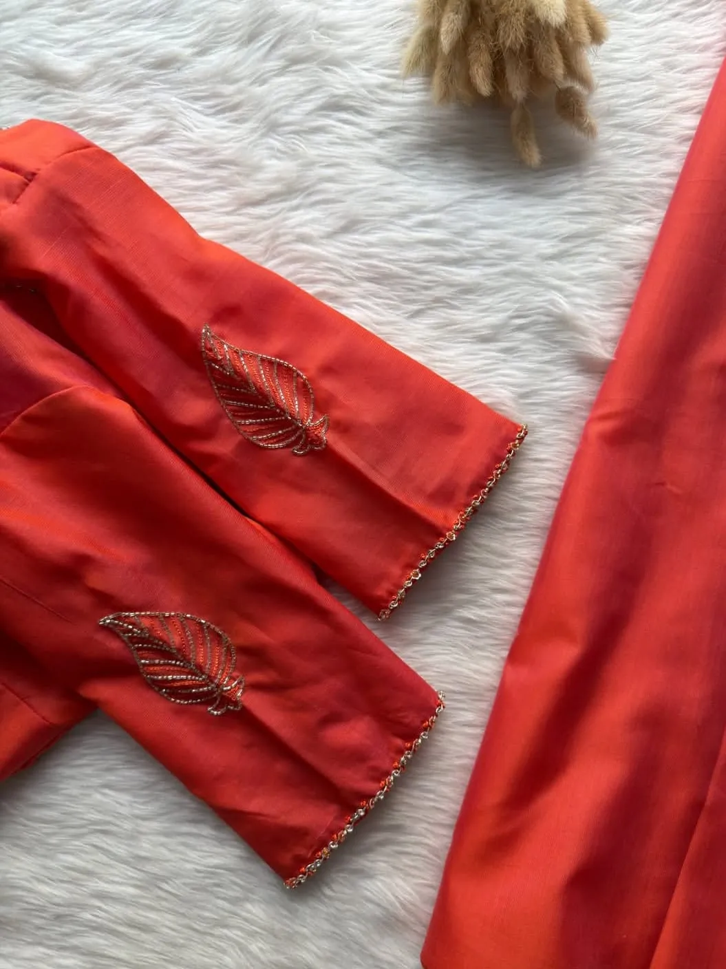 Coral Orange Silk Blouse with Silver Zardosi Leaf Motifs | Hand Embroidered Designer Saree Blouse