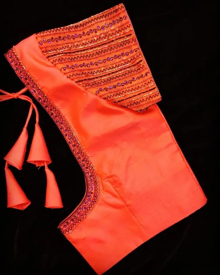 Coral Silk Zig Zag Maggam Work Blouse | Purple Sequins & Thread Embroidery Saree Blouse 1