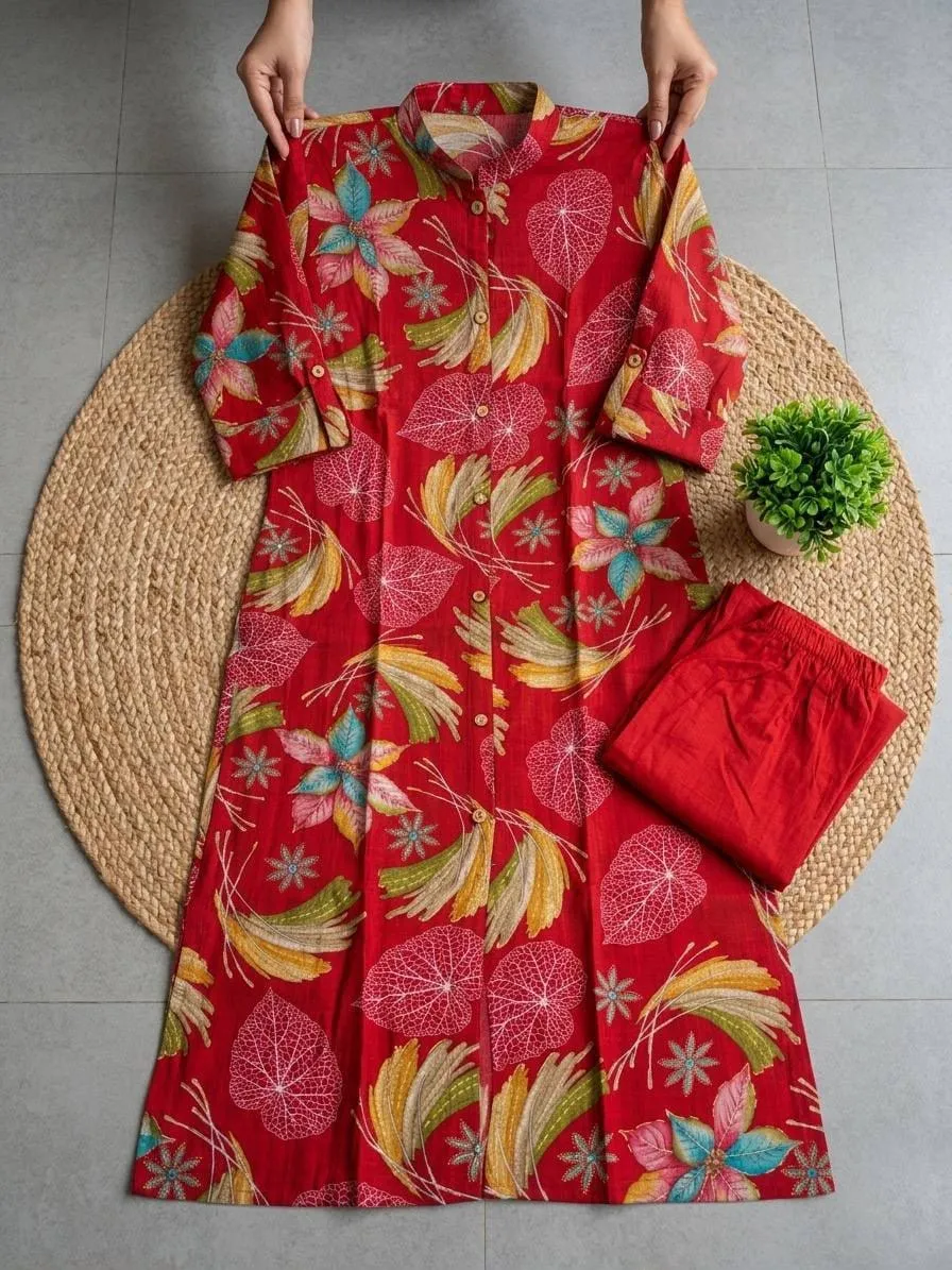 Cotton Floral Print Kurti Set with Pockets | Collar Neck A-Line Kurta with Pant