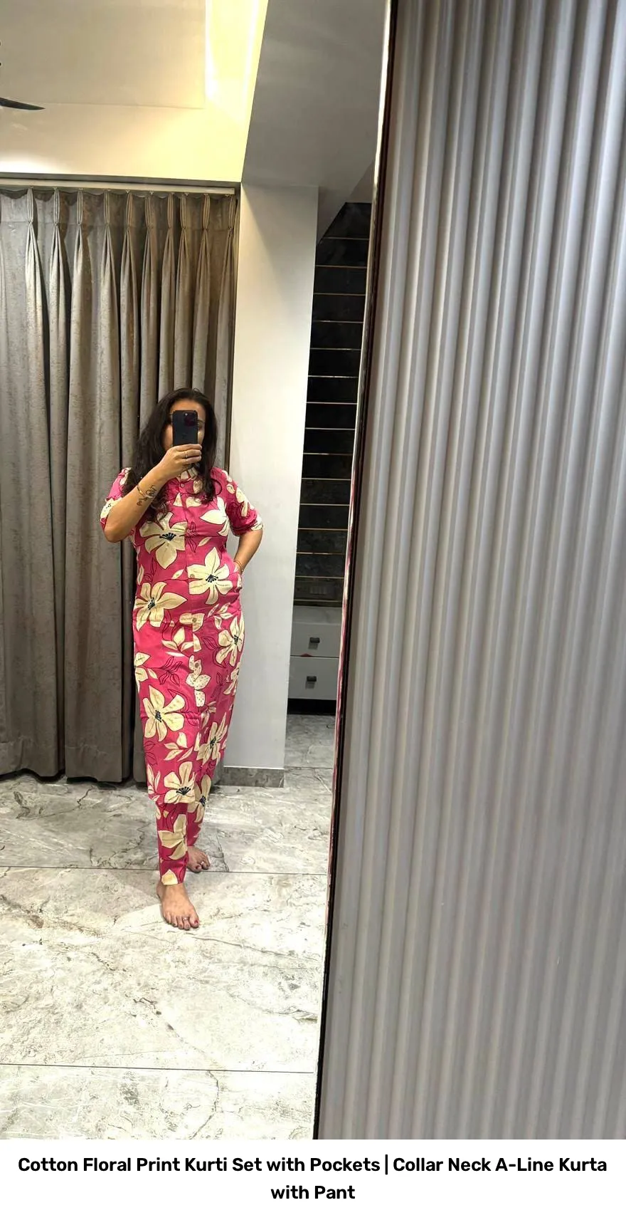 Cotton Floral Print Kurti Set with Pockets | Collar Neck A-Line Kurta with Pant 10
