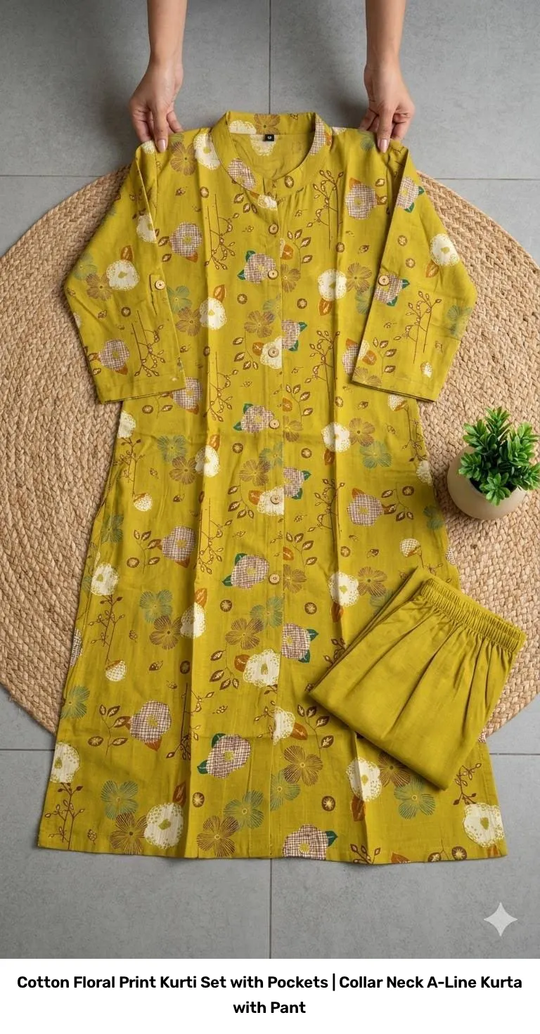 Cotton Floral Print Kurti Set with Pockets | Collar Neck A-Line Kurta with Pant 11