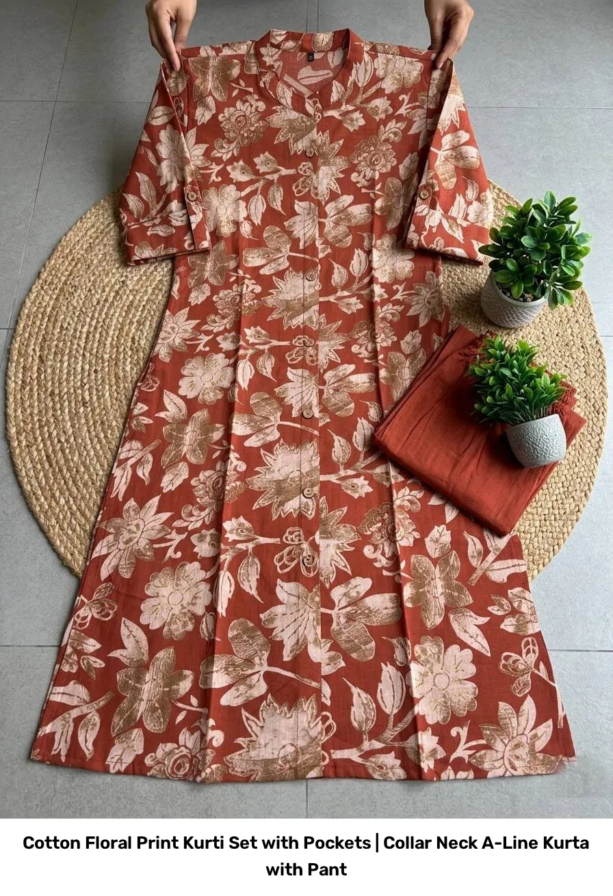 Cotton Floral Print Kurti Set with Pockets | Collar Neck A-Line Kurta with Pant 12