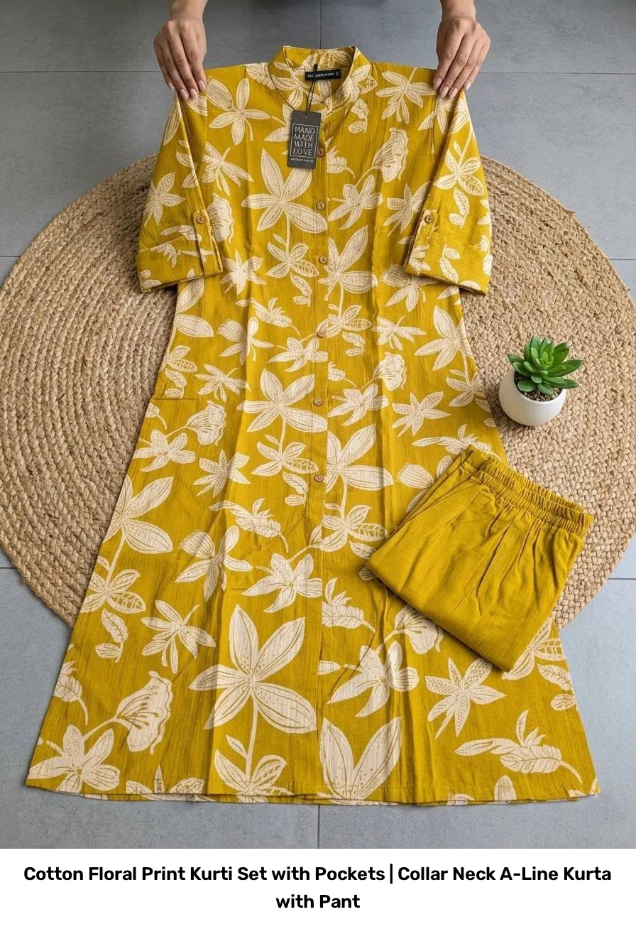 Cotton Floral Print Kurti Set with Pockets | Collar Neck A-Line Kurta with Pant 13