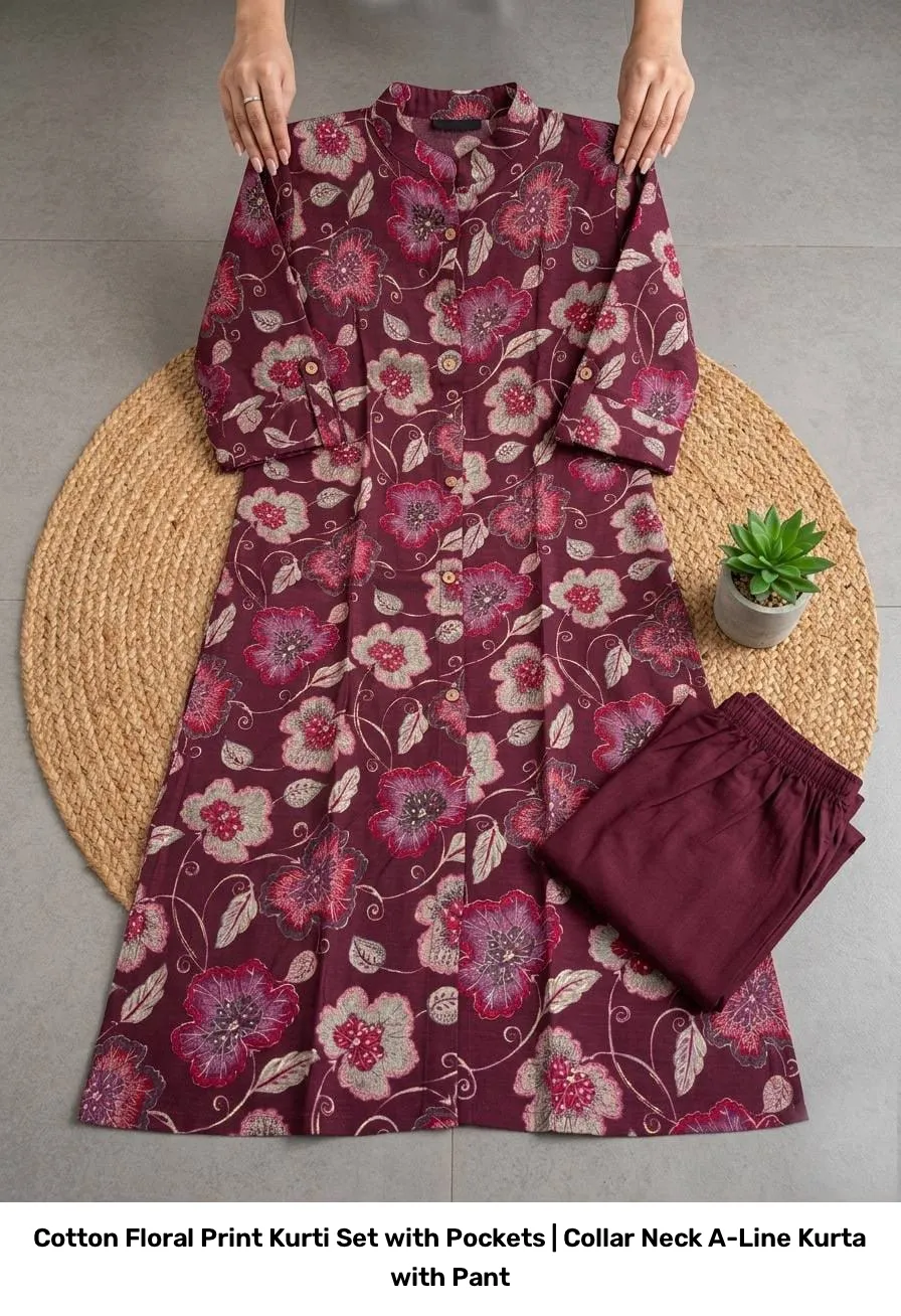 Cotton Floral Print Kurti Set with Pockets | Collar Neck A-Line Kurta with Pant 14
