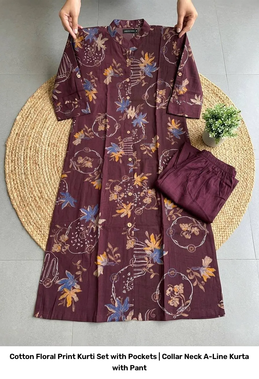 Cotton Floral Print Kurti Set with Pockets | Collar Neck A-Line Kurta with Pant 15