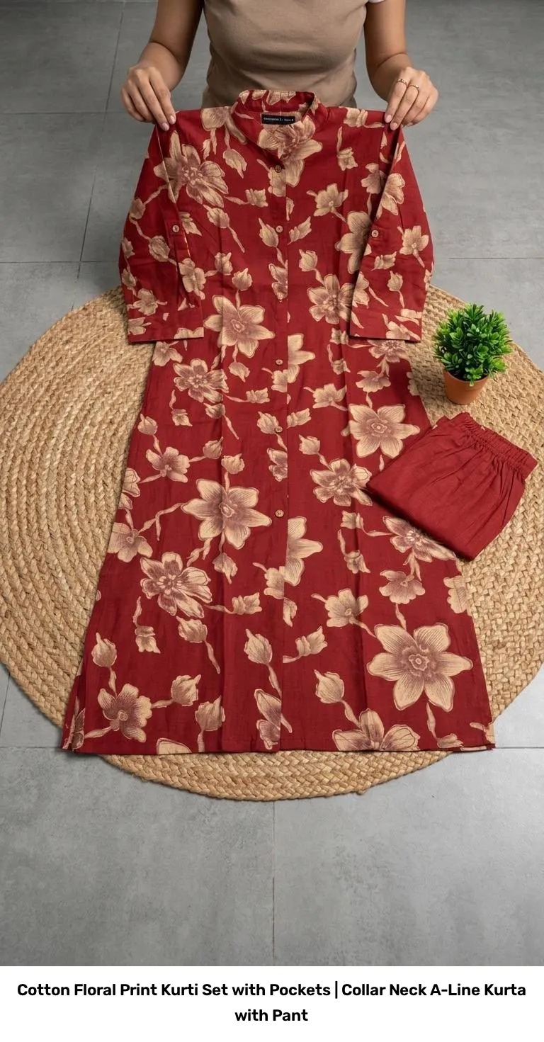 Cotton Floral Print Kurti Set with Pockets | Collar Neck A-Line Kurta with Pant 16