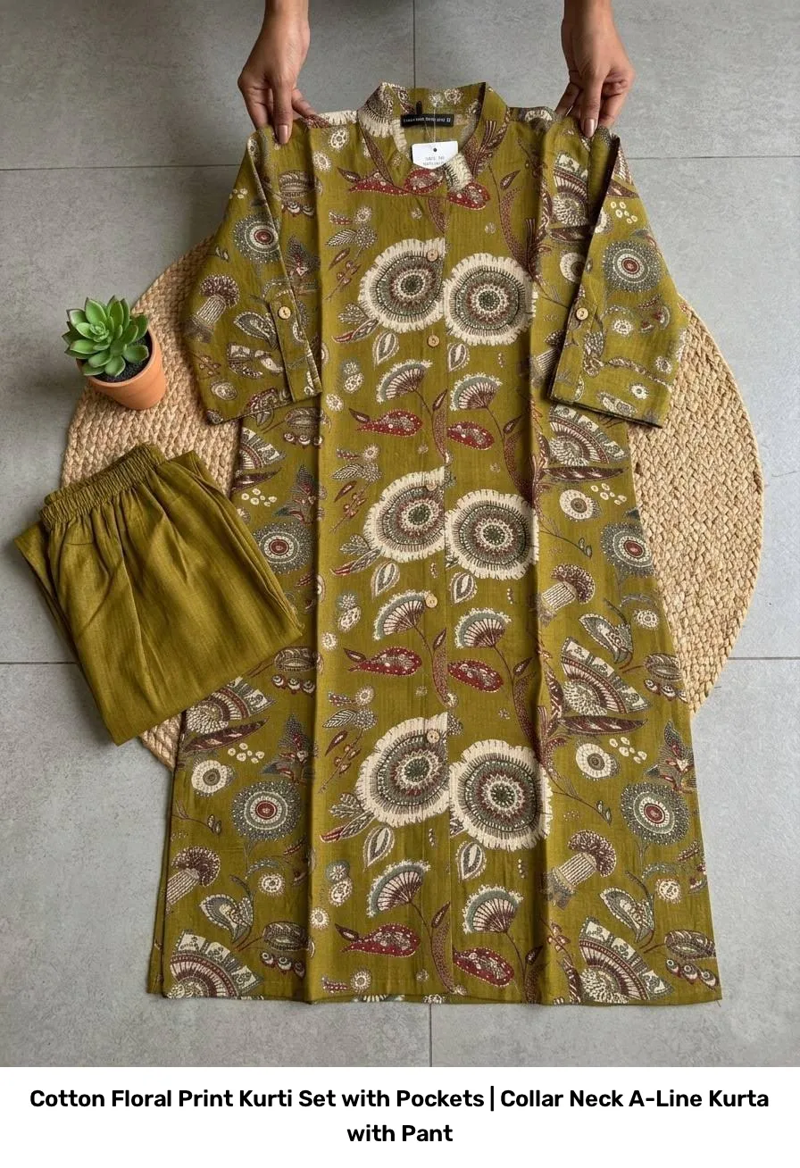 Cotton Floral Print Kurti Set with Pockets | Collar Neck A-Line Kurta with Pant 2