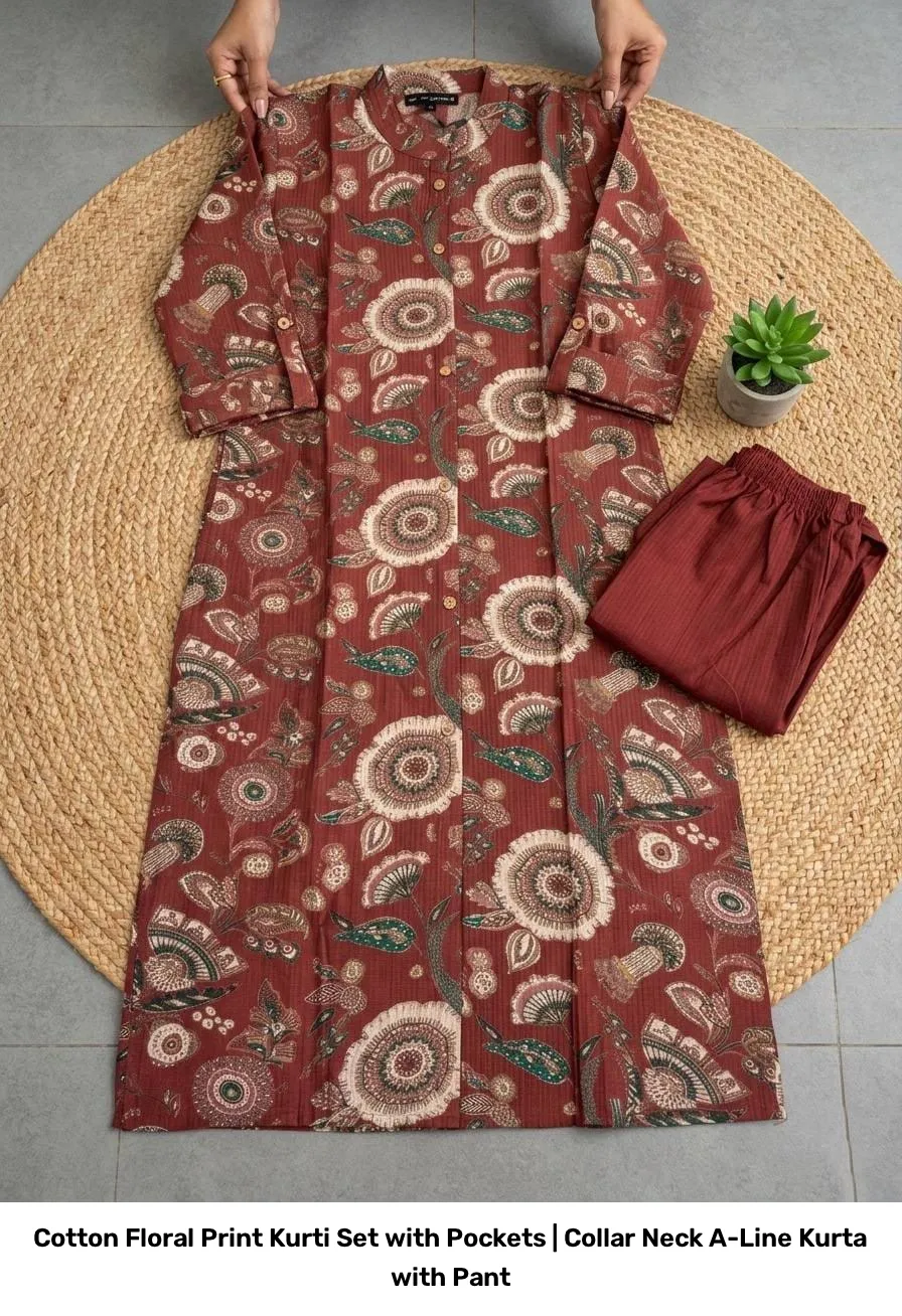 Cotton Floral Print Kurti Set with Pockets | Collar Neck A-Line Kurta with Pant 3