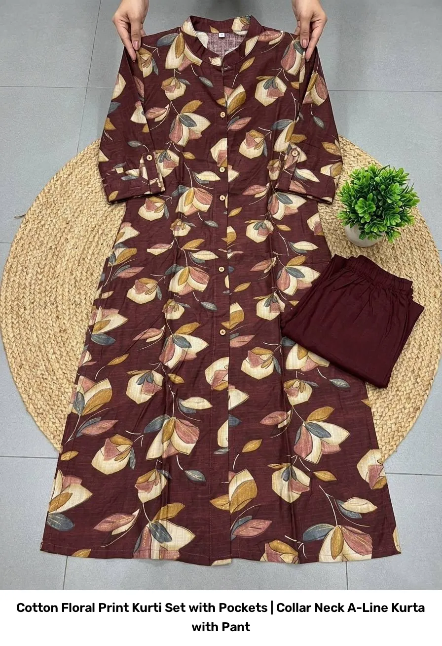Cotton Floral Print Kurti Set with Pockets | Collar Neck A-Line Kurta with Pant 4