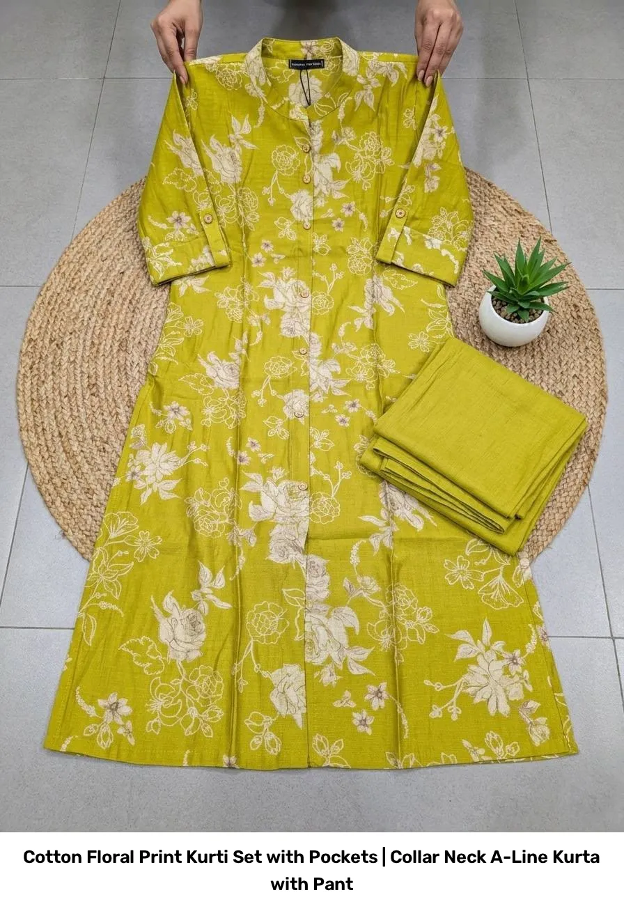 Cotton Floral Print Kurti Set with Pockets | Collar Neck A-Line Kurta with Pant 5