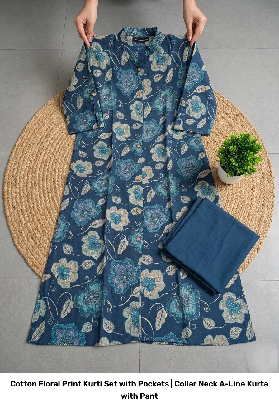 Cotton Floral Print Kurti Set with Pockets | Collar Neck A-Line Kurta with Pant 6
