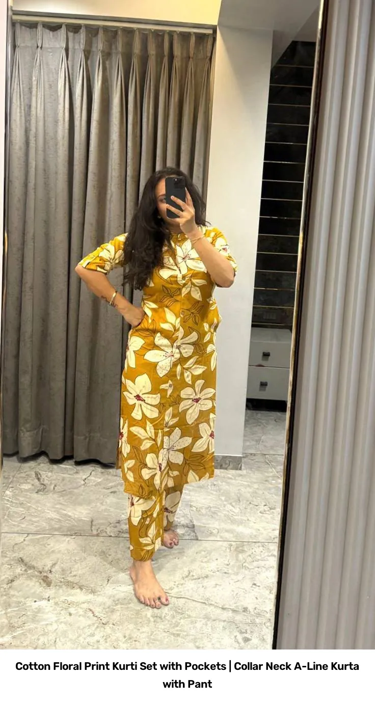 Cotton Floral Print Kurti Set with Pockets | Collar Neck A-Line Kurta with Pant 7